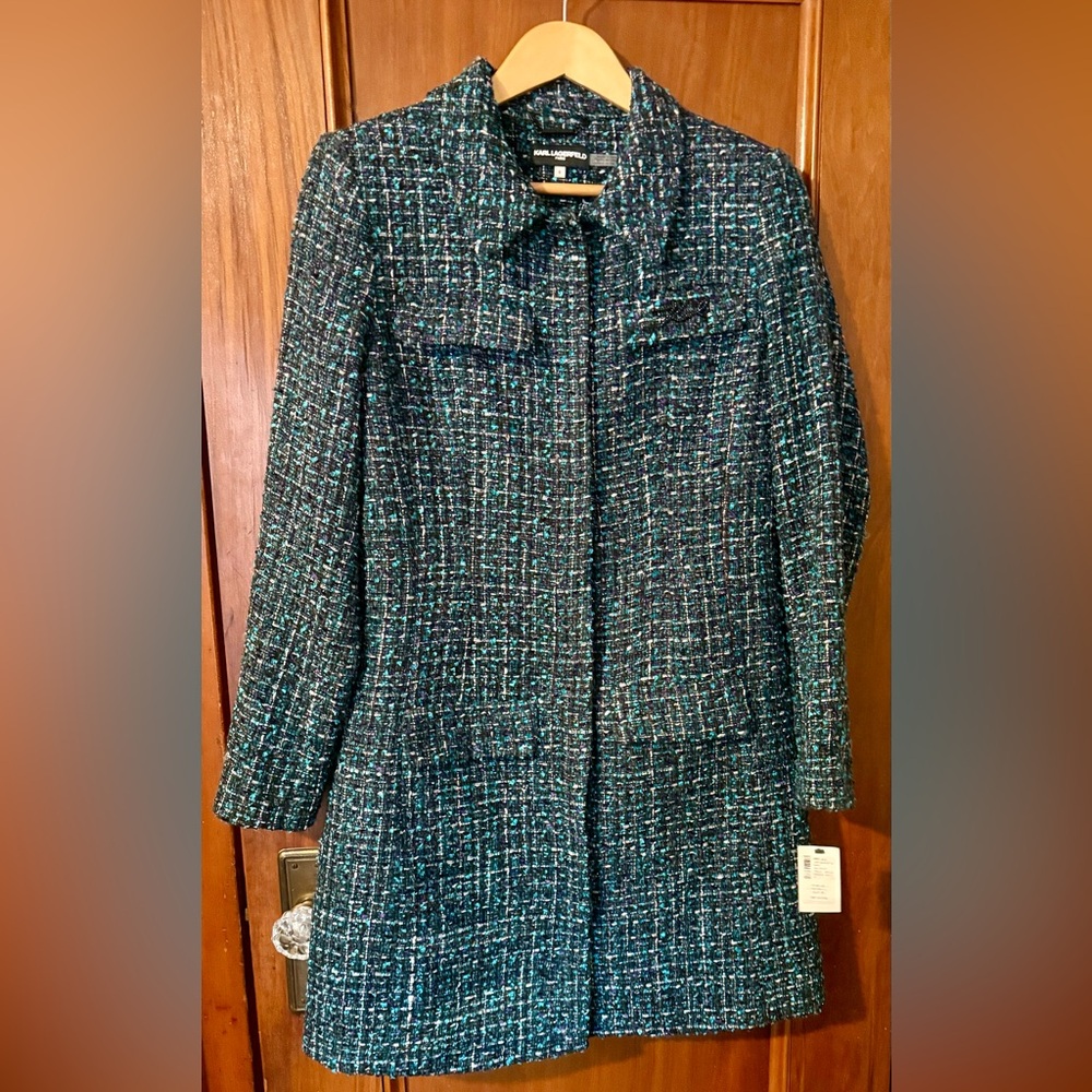 Karl Lagerfeld Paris Teal Purple Black Mid Length Button Up Coat Jacket Womans 8
